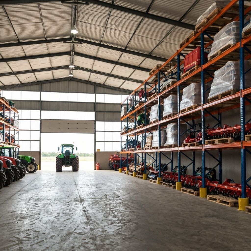 Galpão agrícola com maquinário e armazenamento