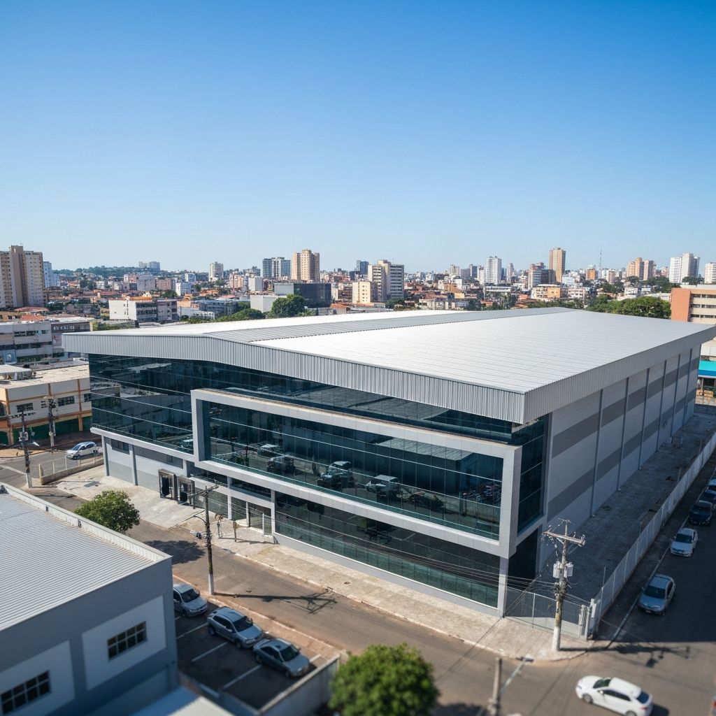 Galpão comercial com fachada moderna em área urbana