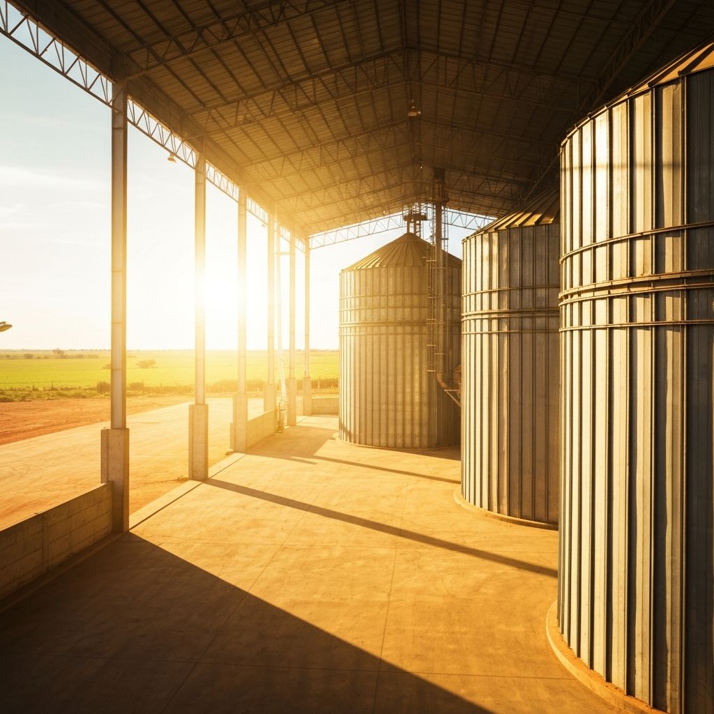 Galpão rural com armazenamento de grãos e silos
